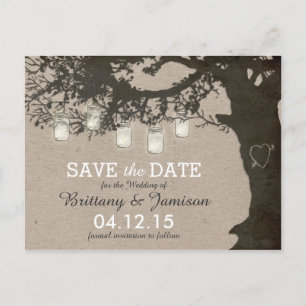 Mason Jar String Lights Rustic Tree Save the Date Announcement Postcard