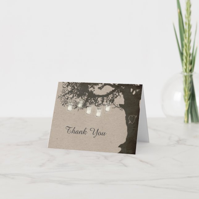 Mason Jar String Lights Rustic Tree Thank You Card (Front)