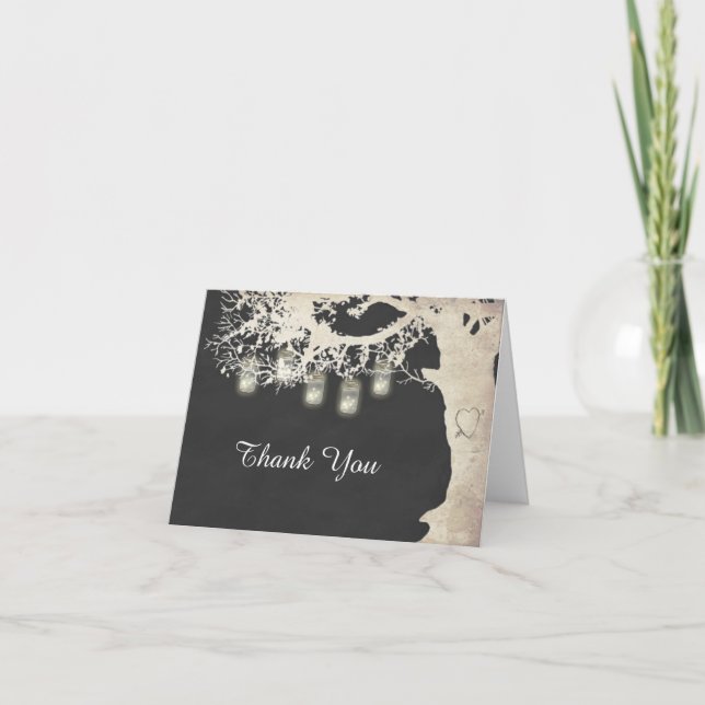 Mason Jar String Lights Rustic Tree Thank You Card (Front)