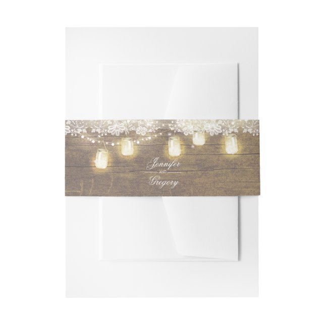 Mason Jar String Lights Rustic Wood Lace Wedding Invitation Belly Band (Front Example)