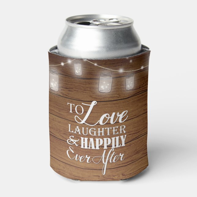 Mason Jar String Lights Rustic Wood Wedding 2 Can Cooler (Can Front)