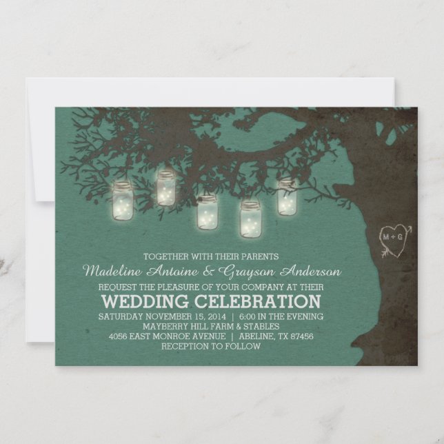 Mason Jar String Lights Teal Tree Wedding Invite (Front)