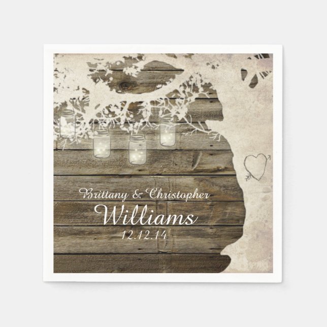 Mason Jar String Lights Tree Barn Wood Napkins (Front)