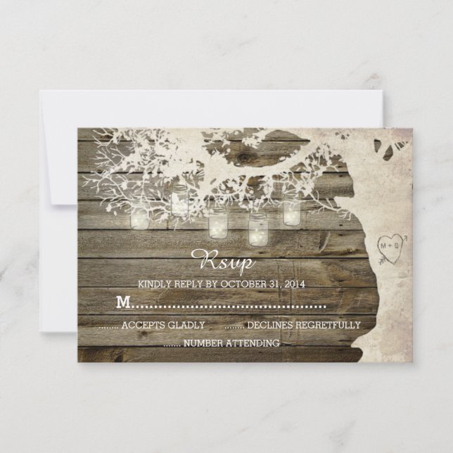 Mason Jar String Lights Tree Rustic Barn Wood RSVP (Front)