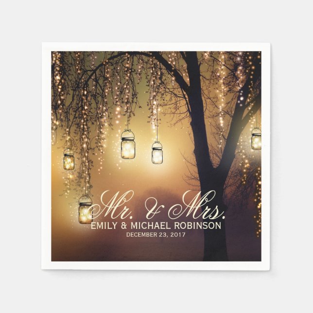 Mason jar string lights tree rustic wedding napkin (Front)