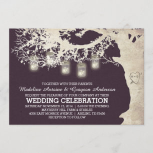 Mason Jar String Lights Tree Vintage Wedding Plum Invitation