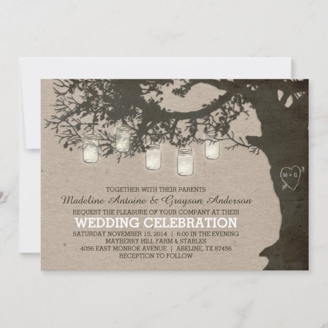 Mason Jar String Lights Vintage Tree Wedding Invitation (Front)