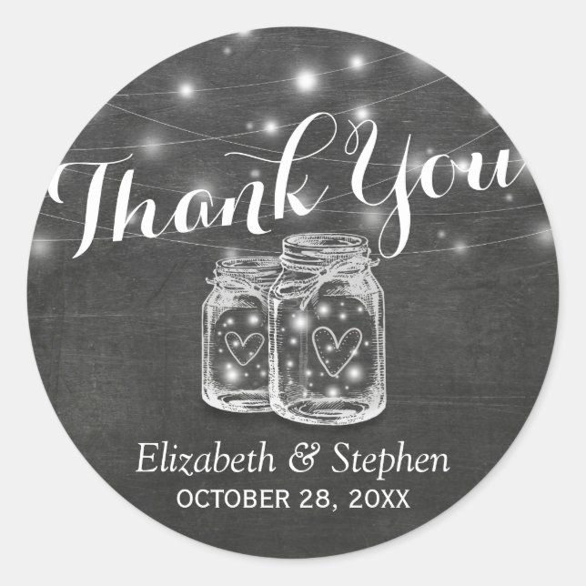 Mason Jar & String Lights Wedding Favour Thank You Classic Round Sticker (Front)