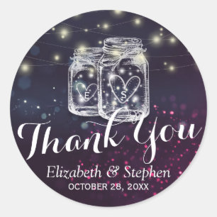 Mason Jar & String Lights Wedding Favour Thank You Classic Round Sticker