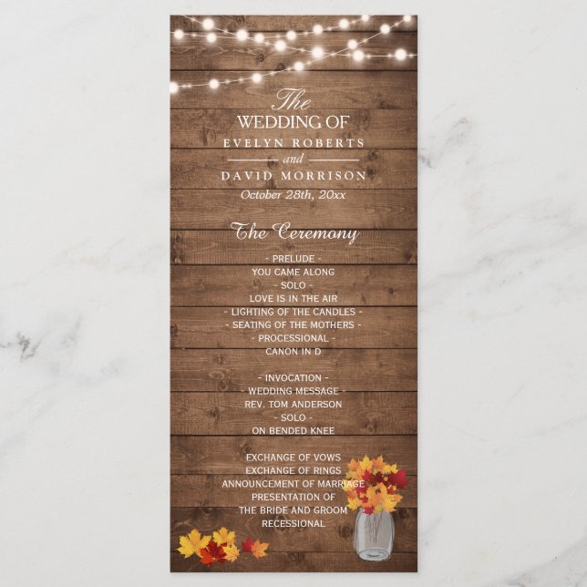 Mason Jar String Lights Wood Fall Wedding Program (Front)
