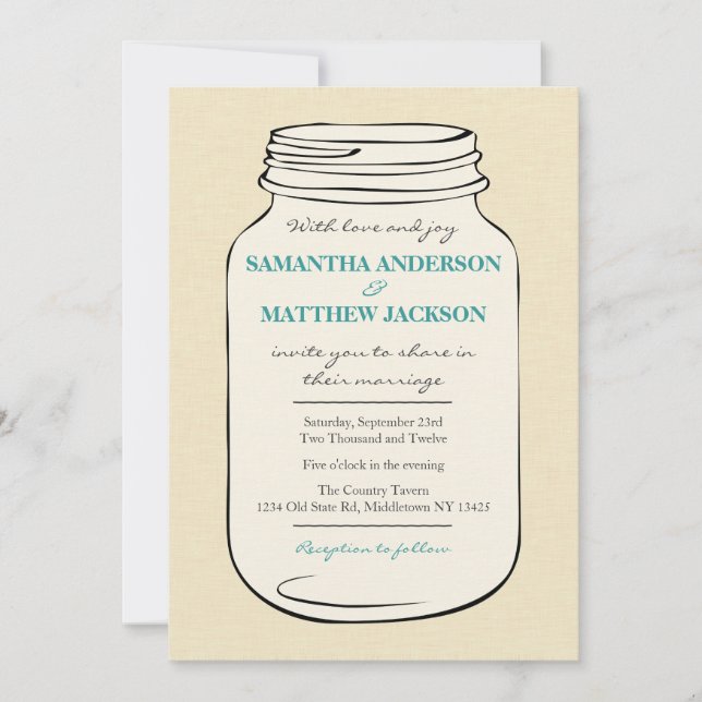 Mason Jar Style 2 Faire-part de mariage - Turquois (Devant)