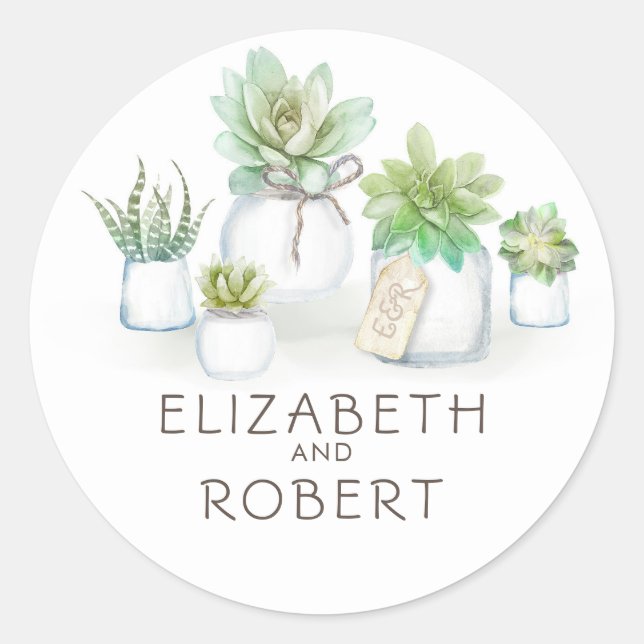 Mason Jar Succulents Rustic Country Wedding Classic Round Sticker (Front)