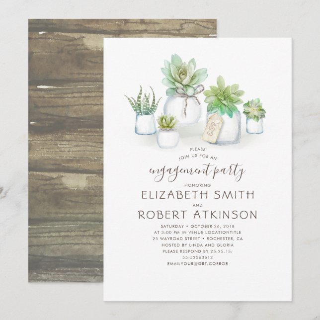 Mason Jar Succulents Rustic Engagement Party Invitation (Front/Back)