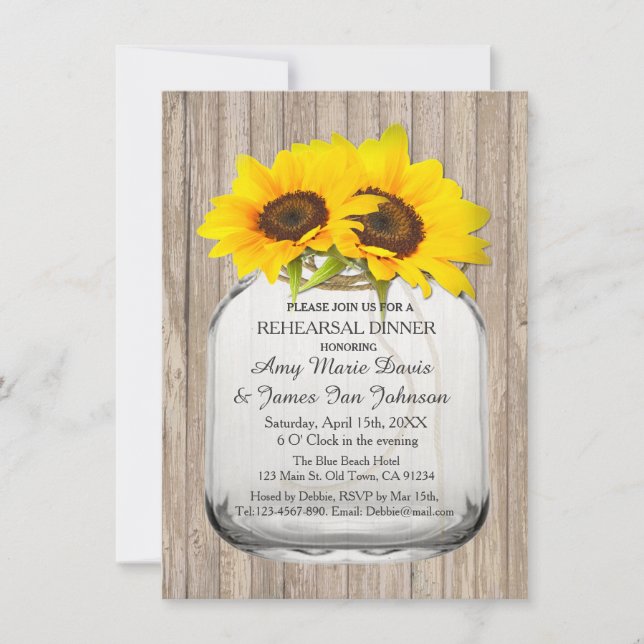 Mason jar sunflower rehearsal dinner sunflwr6 invitation (Front)