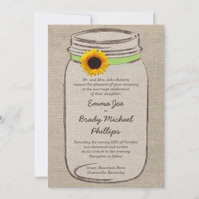 Mason Jar & Sunflower Wedding Invitation - Green (Front)
