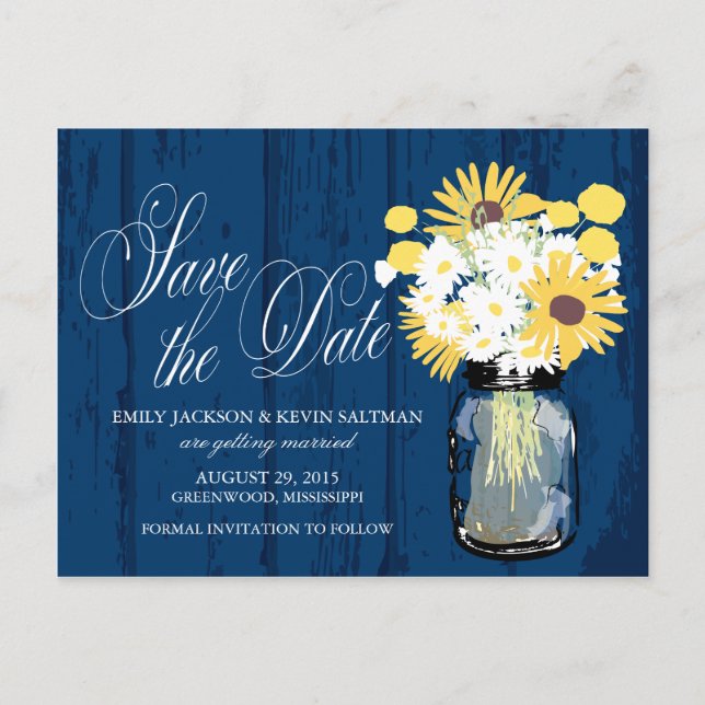 Mason Jar Sunflowers and Daisies Save the Date Announcement Postcard (Front)