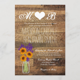 Mason Jar Sunflowers Barn Wood Wedding Invitations