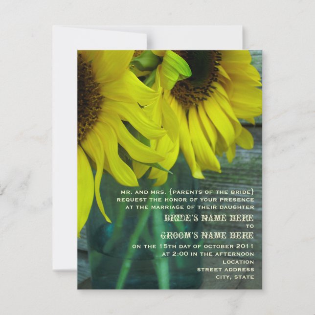Mason Jar Sunflowers Barnwood Fall Wedding Invitation (Front)