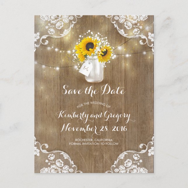 Mason Jar Sunflowers Bouquet Rustic Save the Date Announcement Postcard (Front)