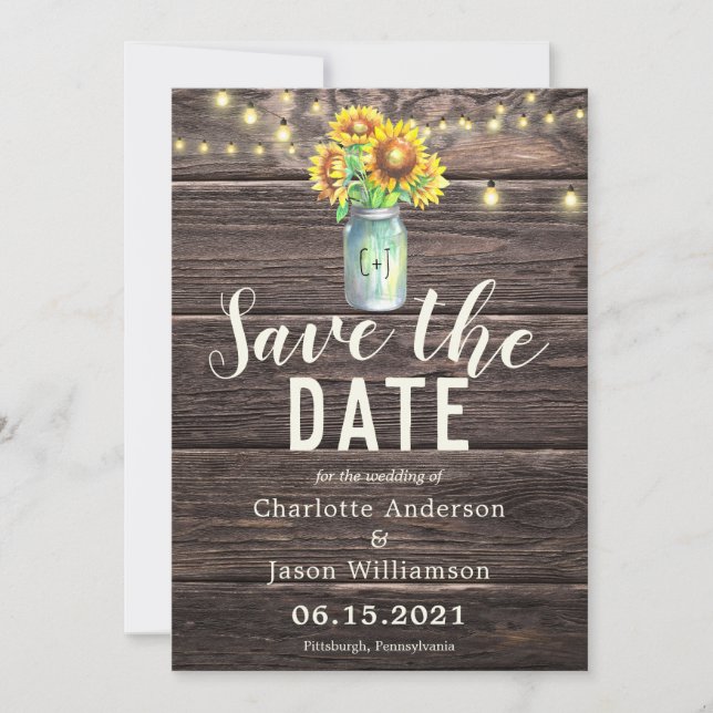 Mason Jar Sunflowers Bouquet Rustic Save the Date Invitation (Front)