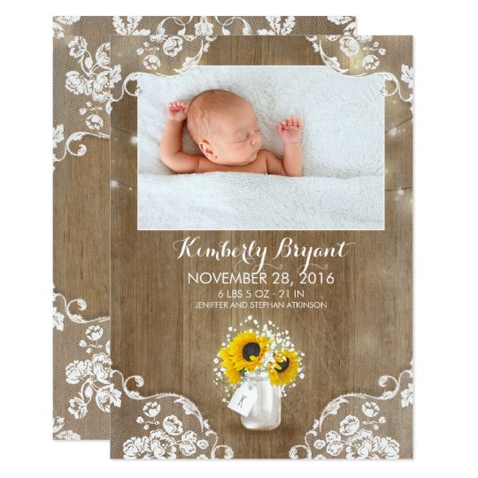 Mason Jar Sunflowers Rustic Baby Birth Photo Card