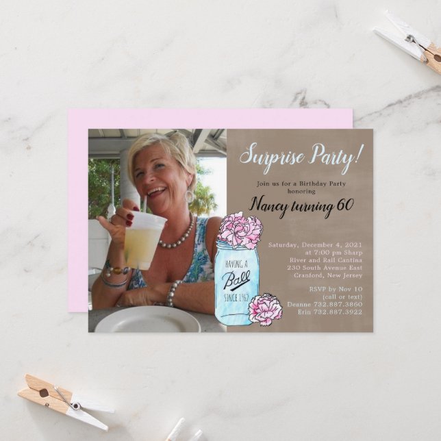 Mason Jar Surprise Birthday Party Invitation (Front/Back In Situ)