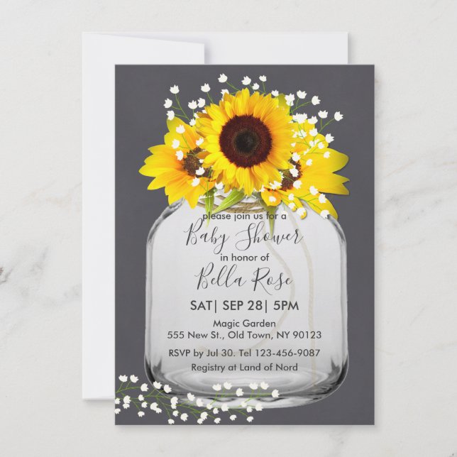 Mason jar tournesol chute bébé invitations douche (Devant)