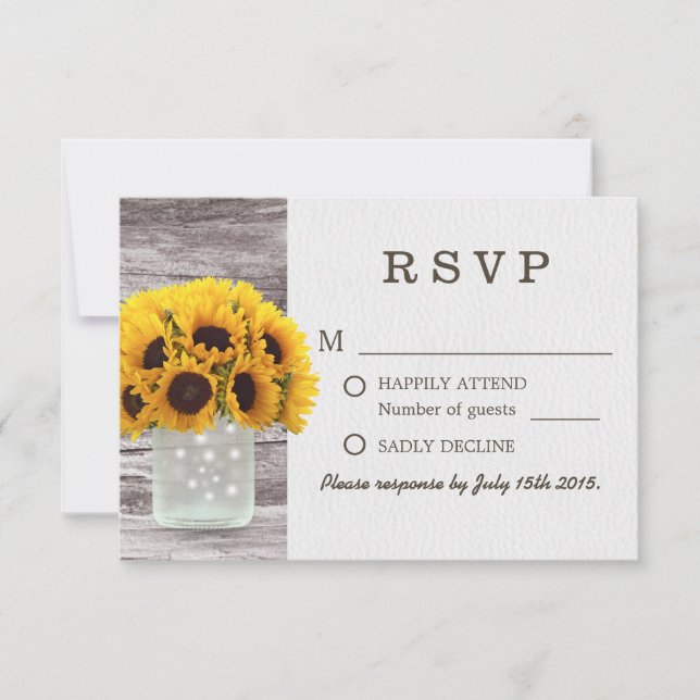 Mason Jar Tournesols Grange Mariage en bois RSVP (Devant)