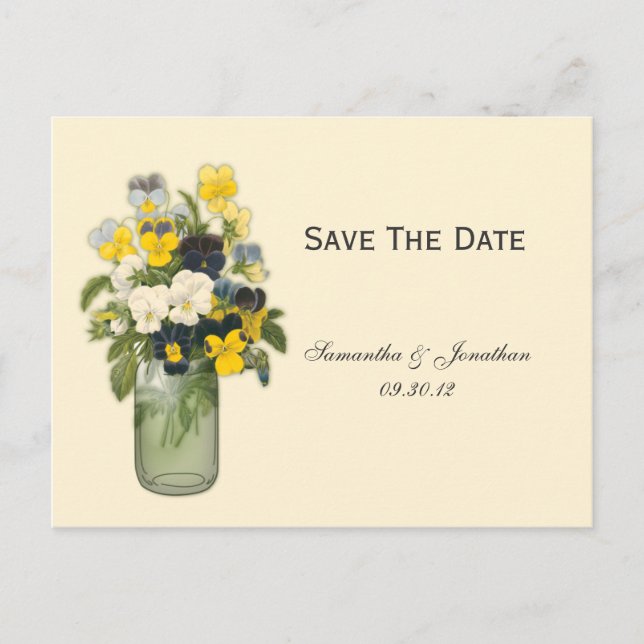 Mason Jar Violas Pansies Save The Date Announcement Postcard (Front)
