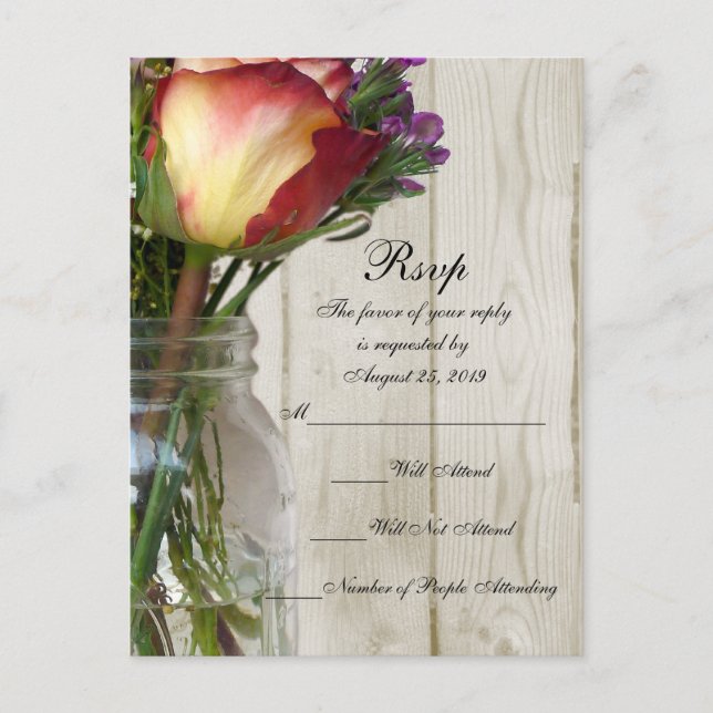 Mason Jar w/Rose and Wildflowers Invitation Postcard (Front)