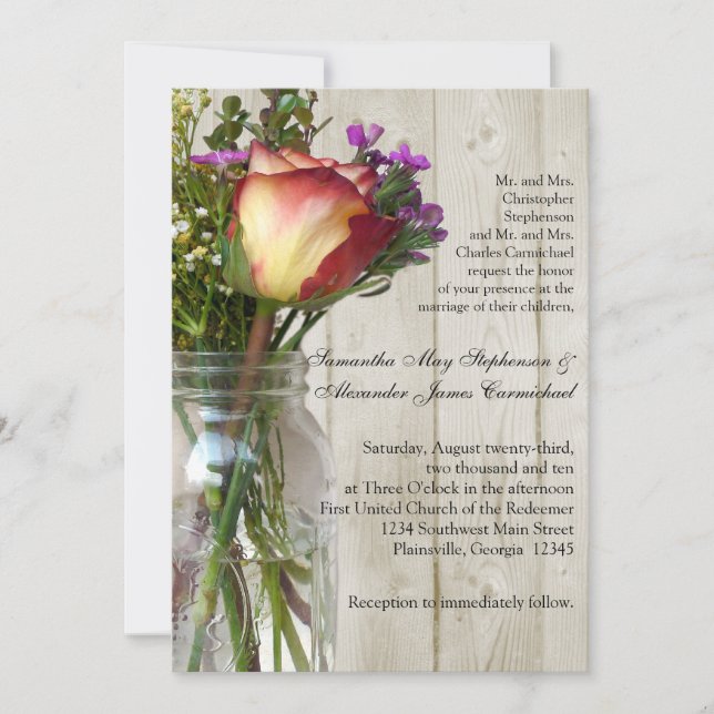 Mason Jar w/Rose Photographic Wedding Ceremony Invitation (Front)