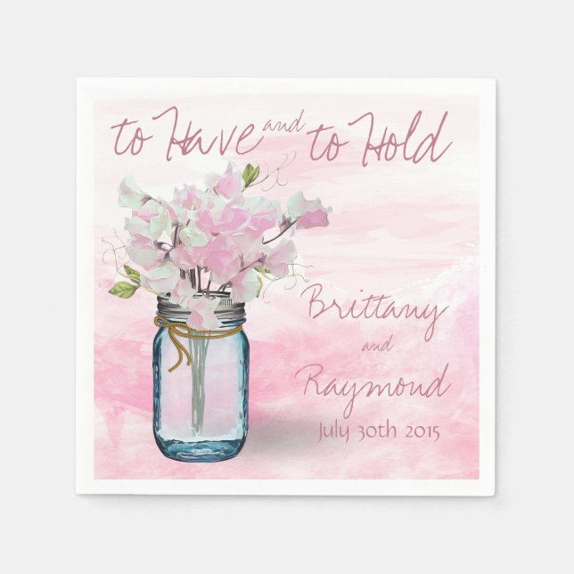 MASON JAR WATERCOLOR PINK SWEET PEAS NAPKIN (Front)
