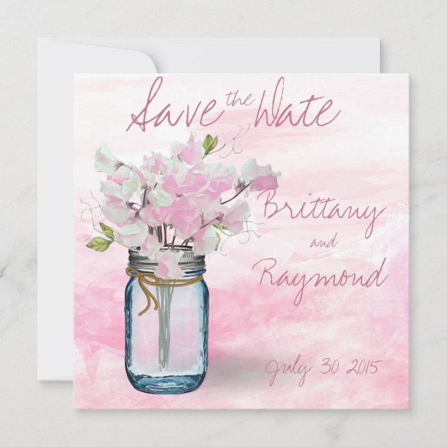 MASON JAR WATERCOLOR PINK SWEET PEAS SAVE THE DATE (Front)