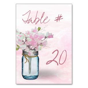 MASON JAR WATERCOLOR PINK SWEET PEAS TABLE NUMBER