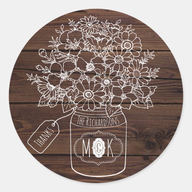 Mason Jar Wedding Anniversary Wildflowers Rustic Classic Round Sticker (Front)
