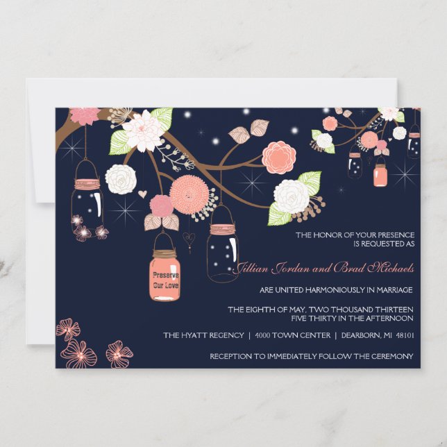 Mason Jar Wedding Invitation - Coral, Lime, Blue (Front)