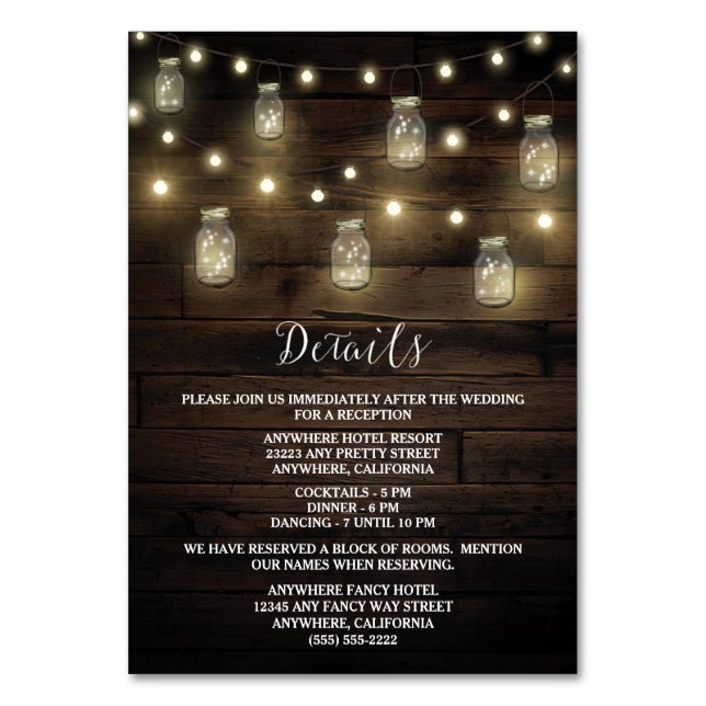 Mason Jar Wedding Reception Accommodation Cards (Front)