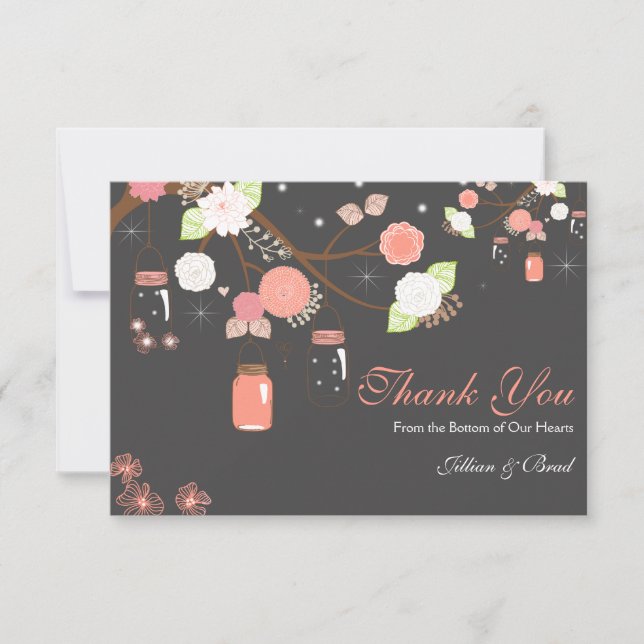 Mason Jar Wedding Thank You Card- Coral and Grey (Front)