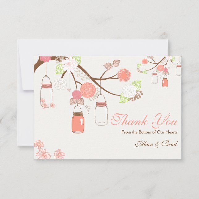 Mason Jar Wedding Thank You Card- Coral and White (Front)