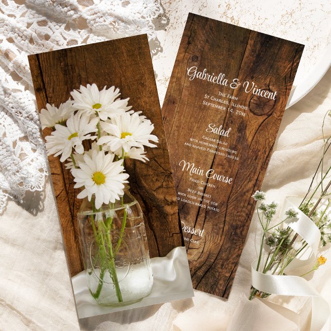 Mason Jar White Daisies Country Barn Menu Mariage (Créateur téléchargé)