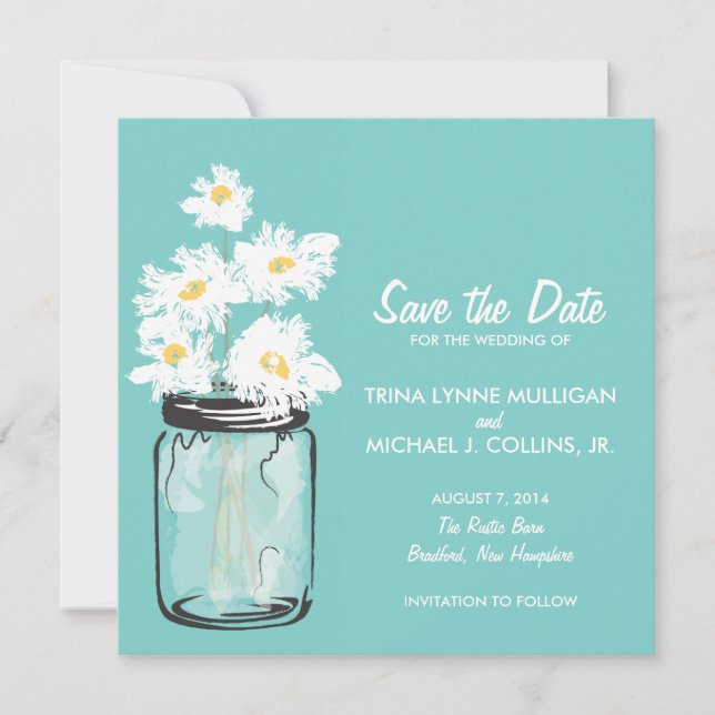 Mason Jar & White Daisies Save the Date (Front)