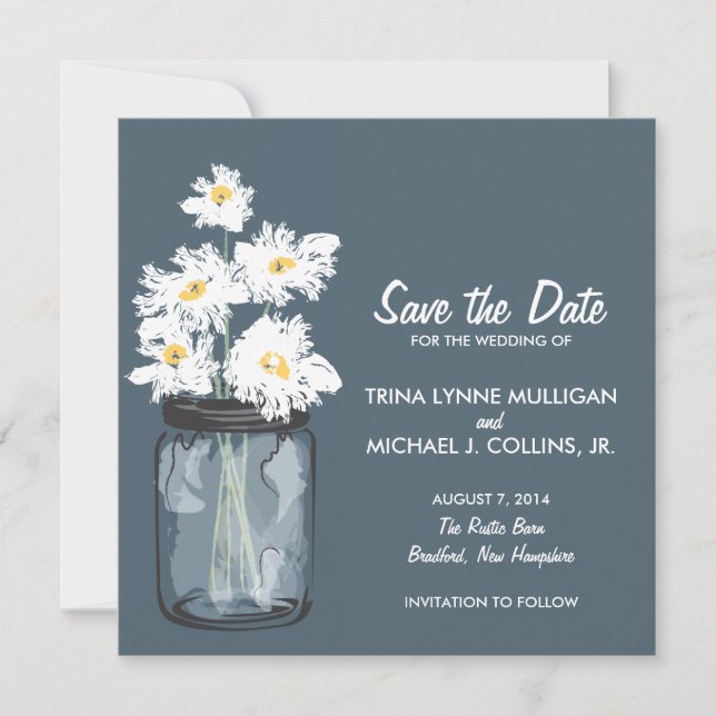 Mason Jar & White Daisies Save the Date (Front)