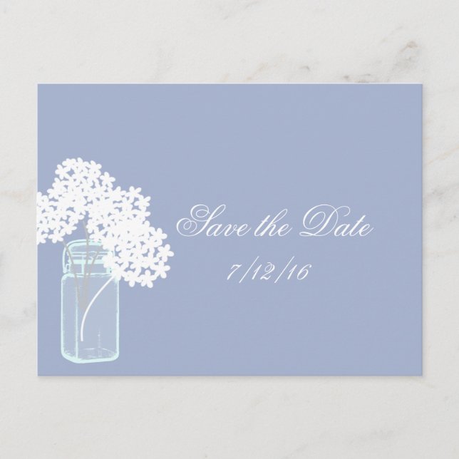 Mason Jar, White Hydrangea, Save the Date Announcement Postcard (Front)