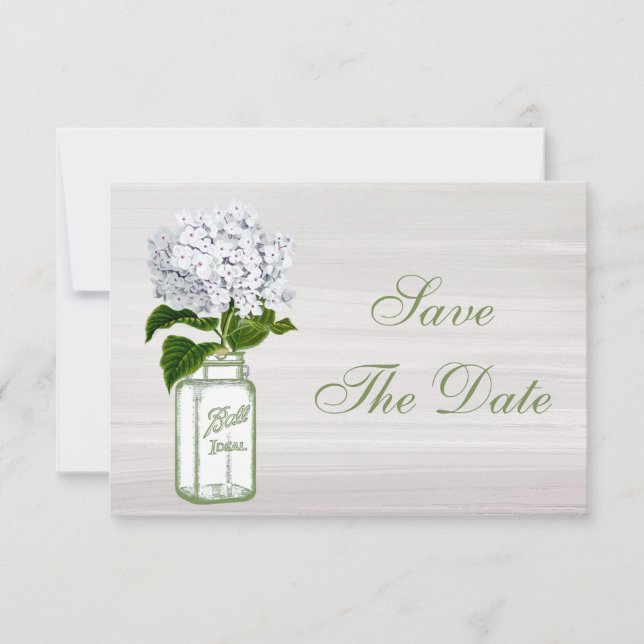 Mason Jar & White Hydrangea Save The Date Wedding (Front)