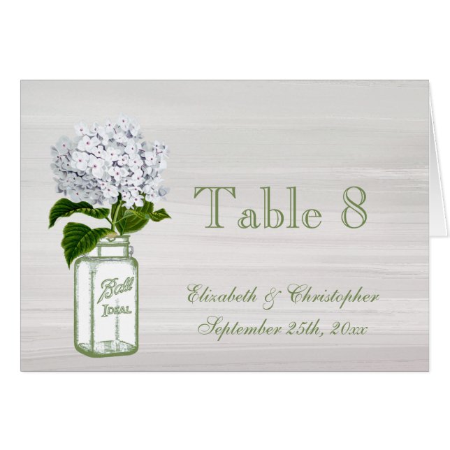 Mason Jar & White Hydrangea Wedding Table Number (Front Horizontal)