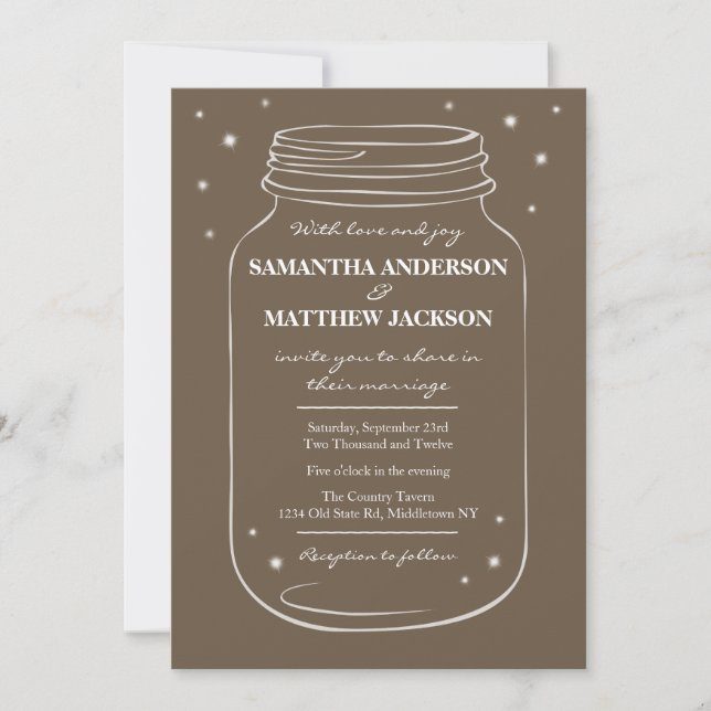 Mason Jar with Fireflies Wedding Invitation  Brown (Front)