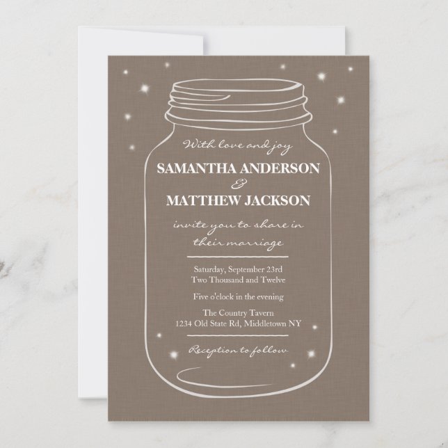 Mason Jar with Fireflies Wedding Invitation Linen (Front)