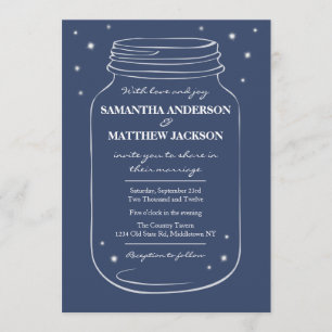 Mason Jar with Fireflies Wedding Invitation Navy