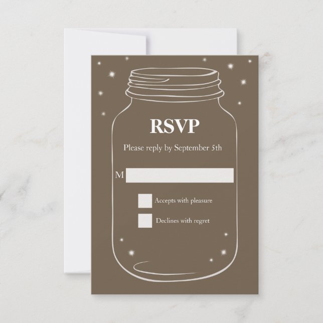Mason Jar with Fireflies Wedding RSVP Brown Card (Front)