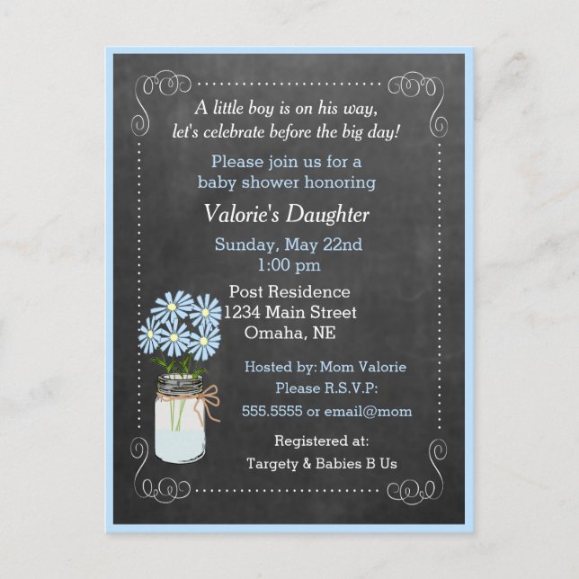 Mason Jar with Flowers Blue Baby Shower Invitation Postcard (Front)